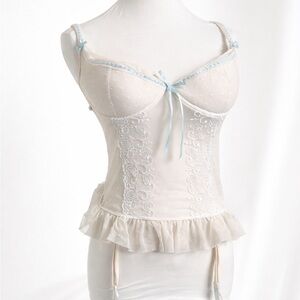 Vintage Lace Bustier Cami Ivory Blue Ribbon Garter Lingerie Fairycore 34D
